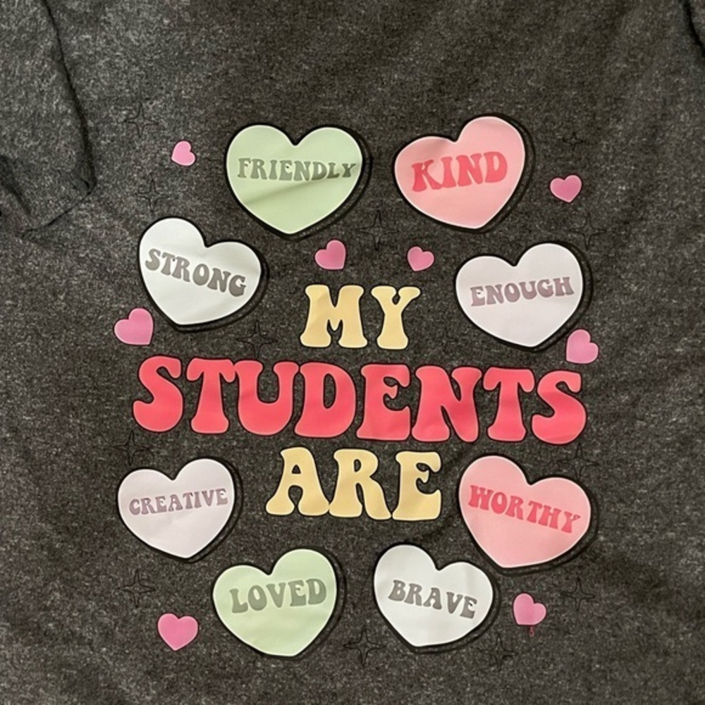 Gray Teacher Shirt with Colorful Heart Design Valentine’s Day